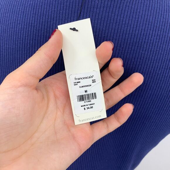 GB Fashion Francescas Tank Womens M Navy Ribbed Sleeveless Lettuce Hem Mock Neck - Picture 8 of 13